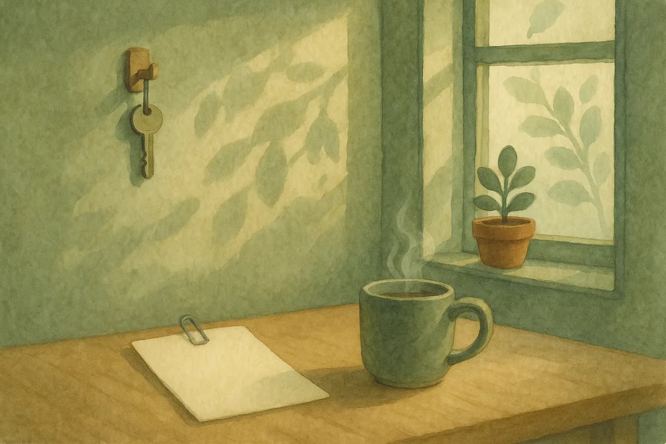 Painting of a house key on a hook by a window, a form and a mug